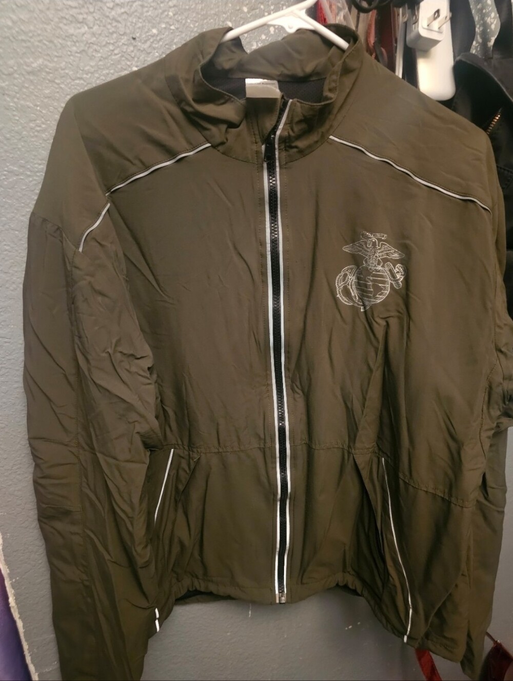 Olive Green Windbreaker Jacket with Embroidered Crest
